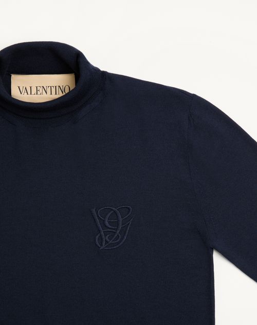 Valentino - Vgエンブロイダリー ウール ハイネック ニットプル - ダークブルー - メンズ - ニット